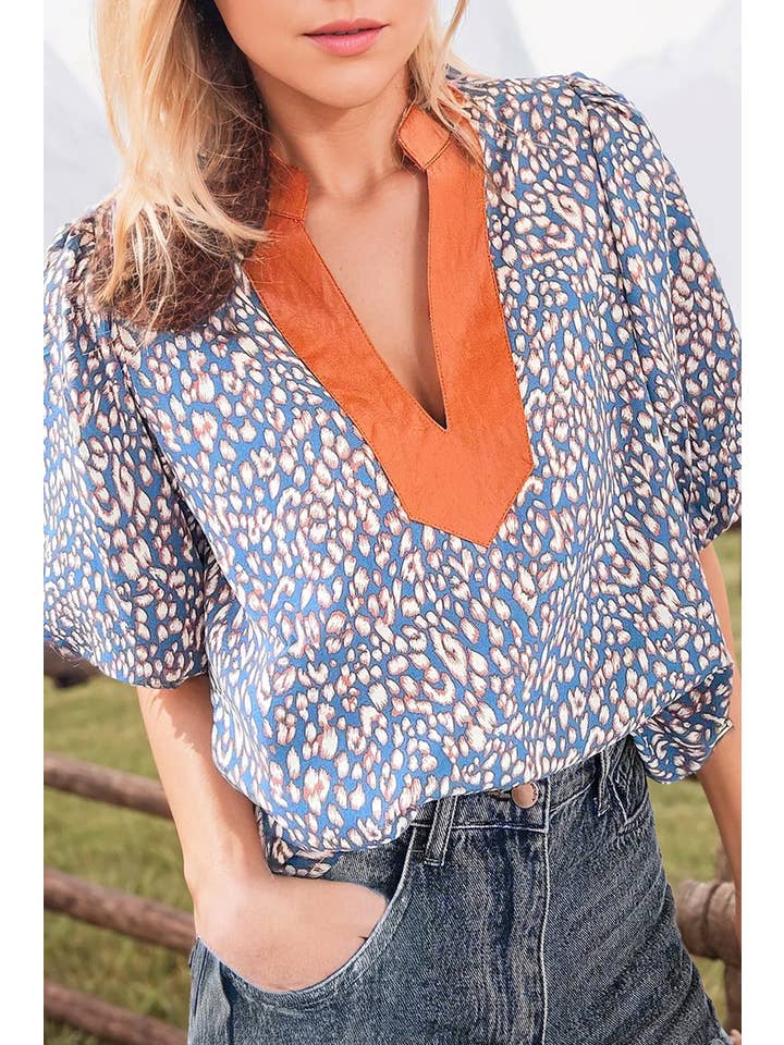 Multi Colored Fashion-W Leopard Print Spot Contrast Half Puff Sleeve Shirt for wholesale on Faire