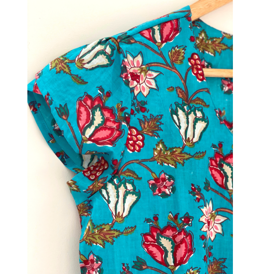 The Indian Bazaar - Wholesale Blouse - Dames - Dames Top - Relaxed Fit Ronde U-hals bloembladmouw Turquoise2