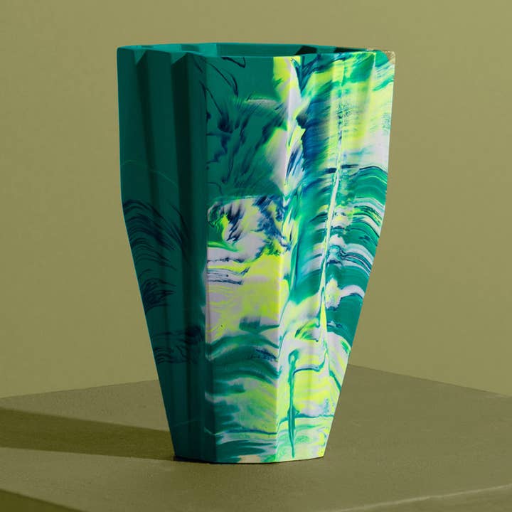 Art Deco Jesmonite Vase, Marbled in Emerald & Yellow for wholesale by Misshandled