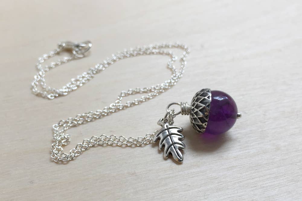 Enchanted Leaves - Wholesale Pendant/Charm Necklace - 18" Amethyst and Silver Acorn Necklace1