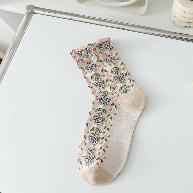 Tourtiwi - Vente Chaussettes – femme - Chaussettes à motif floral en relief abstrait rétro 3D1