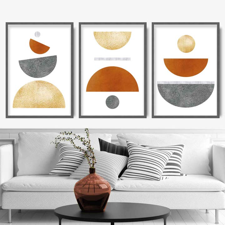 Impressões de arte geométrica laranja, dourado e cinza por atacado de Artze Wall Art