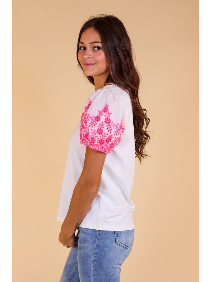 White Top With Pink Eyelet Sleeves for wholesale on Faire
