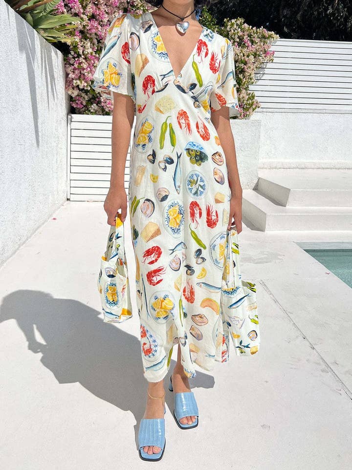 V-Neck Sexy Travel & Food Unique Print Dress for wholesale by Rosa Clothing