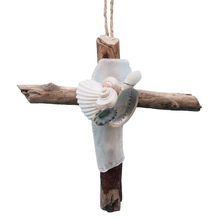 California Seashell Company - Wholesale Ornament - Driftwood Cross Ornament with Sea Glass