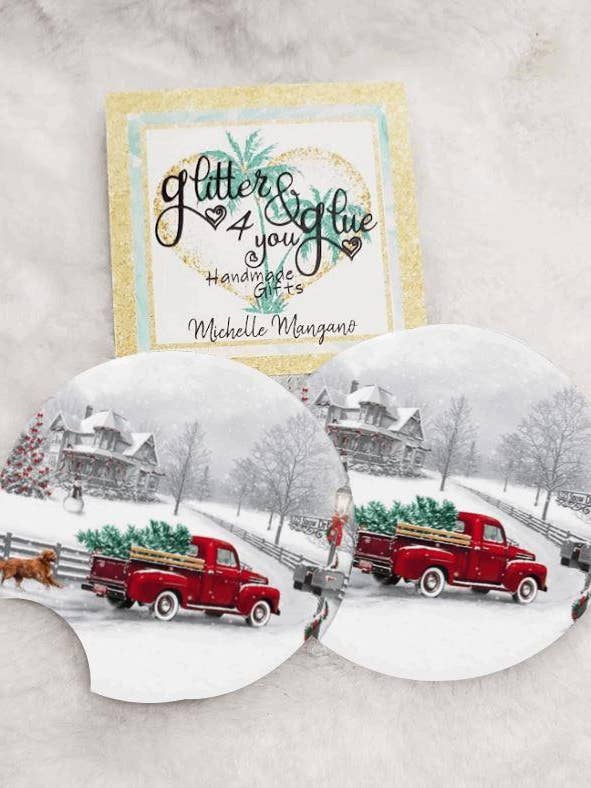 Farm Truck Christmas Scene Neoprene Car Coasters for wholesale by Glitter and Glue 4 You