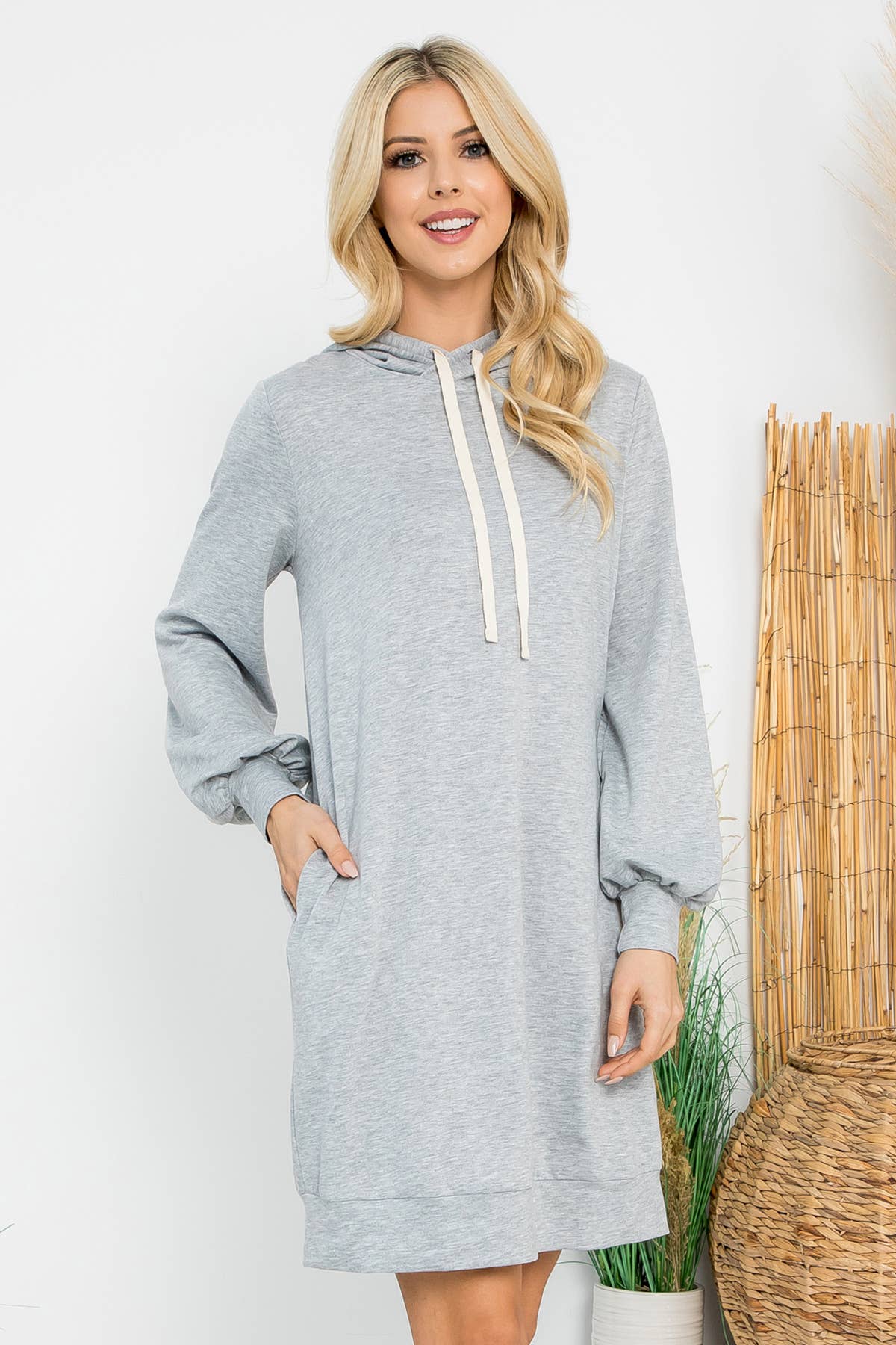 You & Me - Wholesale Dress - Women's - YMD10061V-FRENCH TERRY LONG PUFF SLEEVE HOODIE DRESS38