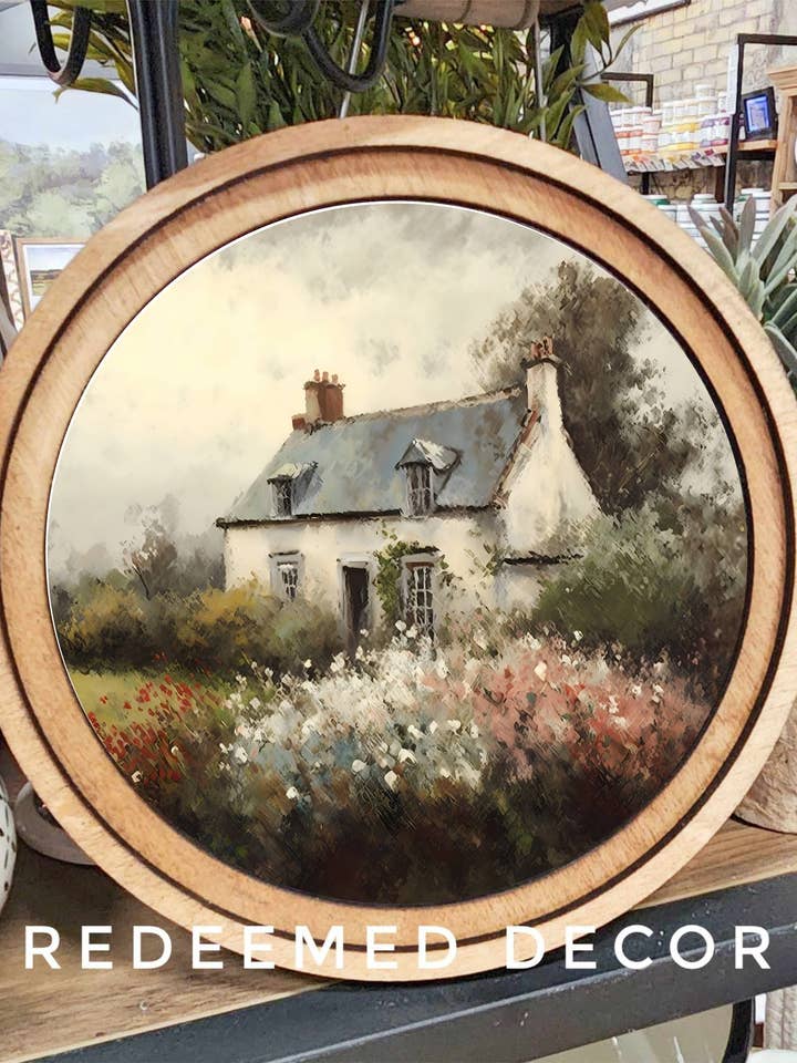 8" Round Spring Cottage Painting Art for wholesale by Redeemed Decor