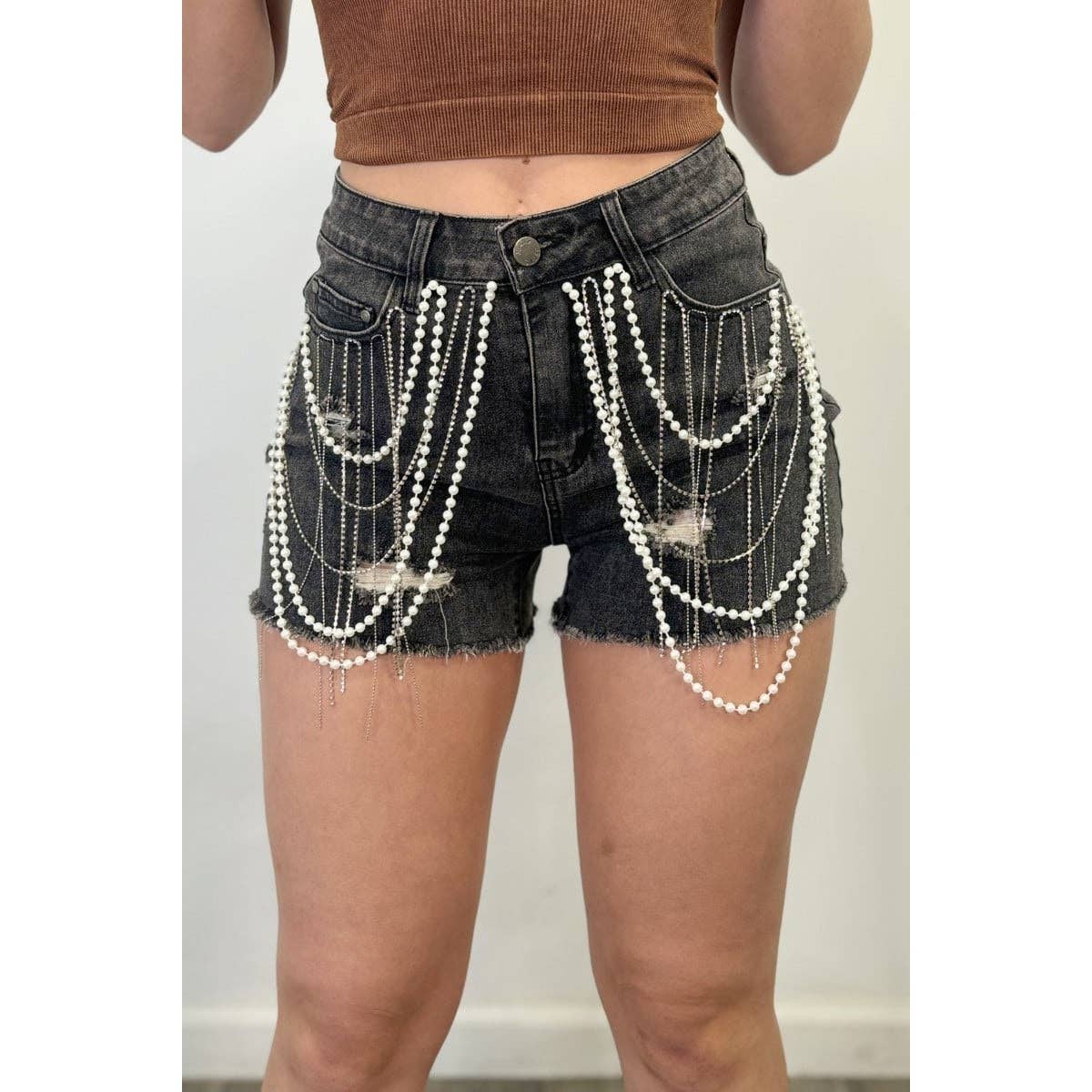 Black Pearl Clothing - Wholesale Shorts - Women's - RHINESTONE PEARL DENIM SHORT5