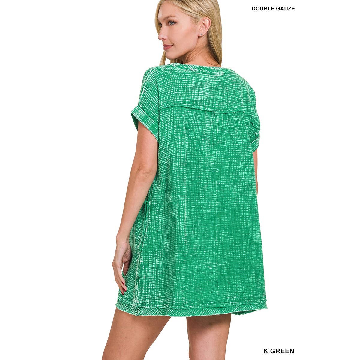 Apolline – Großhandel Kleid – Damen – GEWASCHENES KLEID MIT V-AUSSCHNITT AUS DOPPELTER GAZE MIT OFFENEN KANTEN8