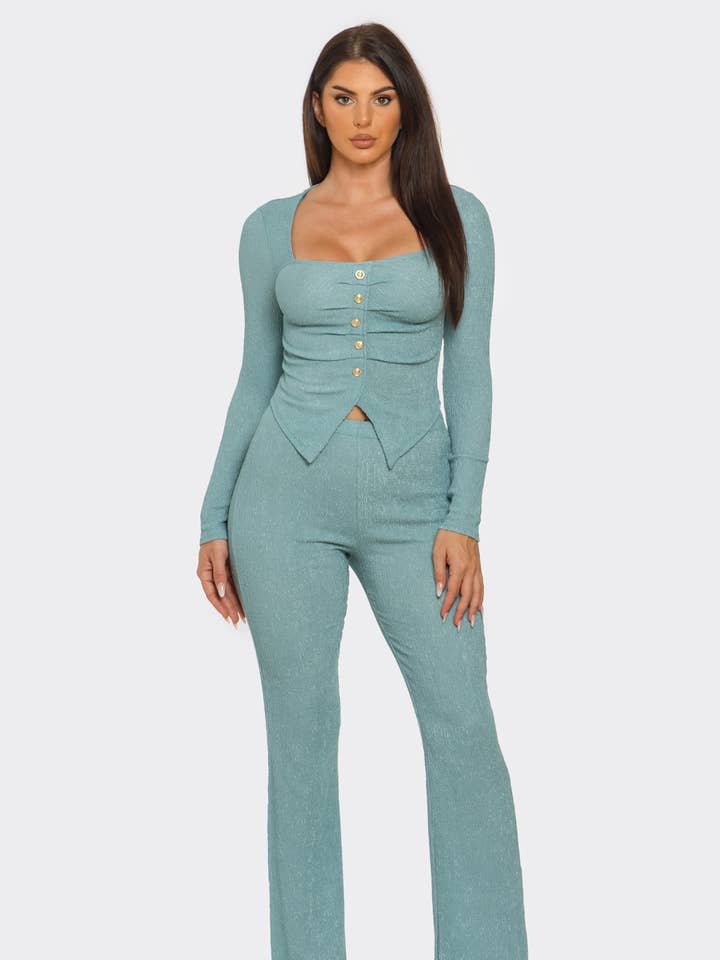 Pleated Decorative Buttons Slit Top And Pants Set for wholesale by Julia by LoveJ