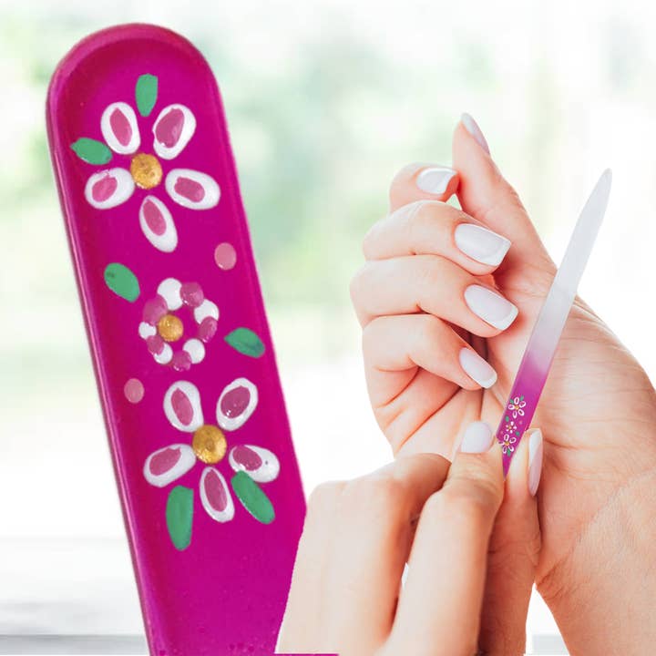 Fiesta Pink Flower Hand Painted Colored Crystal Nail File for wholesale by Classy Nail Files