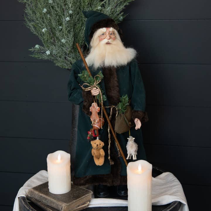 Ragon House - Wholesale Christmas Decoration - SANTA W/ FUR TRIMMED GREEN ROBE