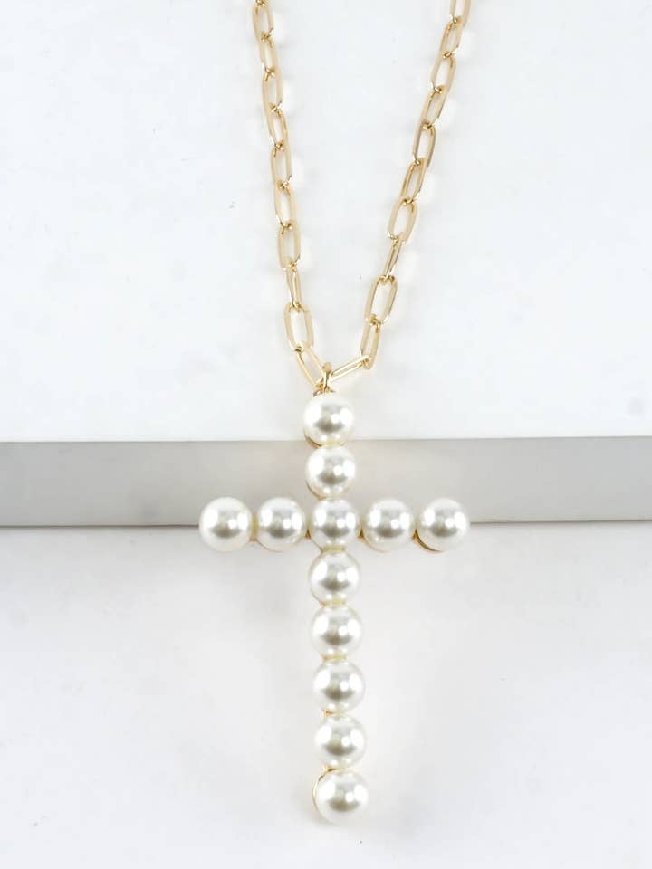 32 In Pearl Cross Pendant Paperclip Chain Necklace for wholesale by Wild Honey
