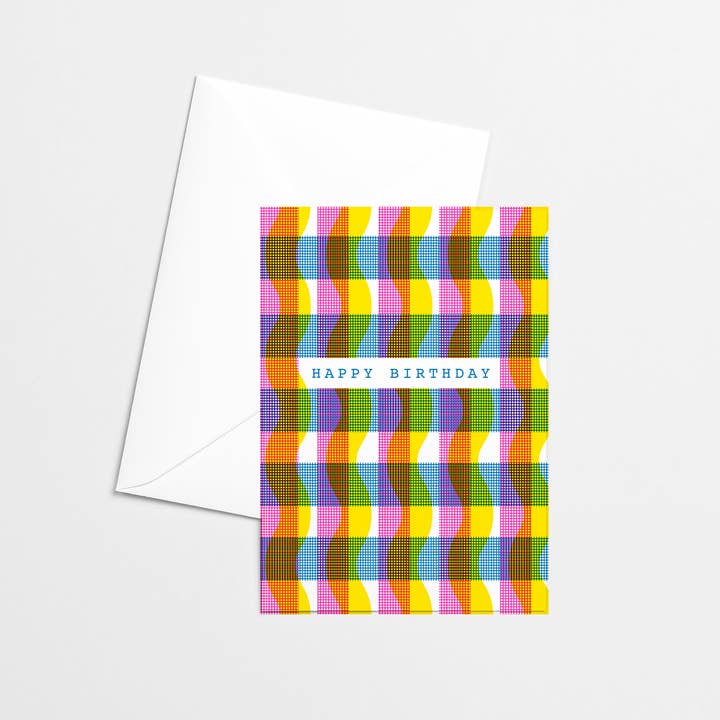 Mezzaluna Studio - Wholesale Birthday Card - Gingham Happy Birthday CMYK Risograph Greeting Card
