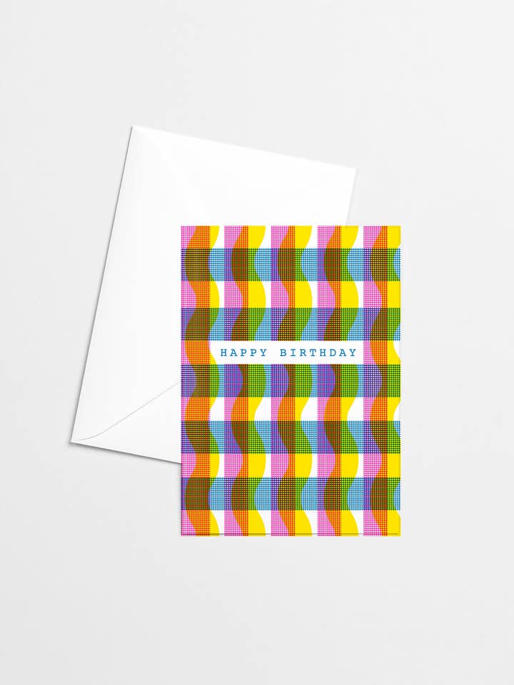 Tarjeta de felicitación de cumpleaños feliz de gingham CMYK Risograph para venta al por mayor de Mezzaluna Studio