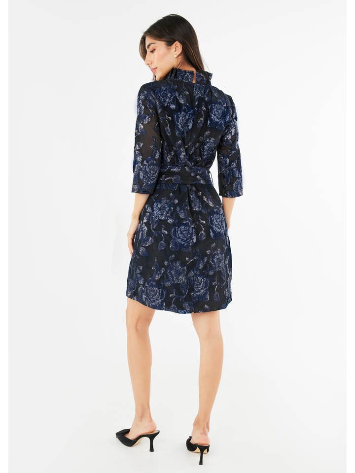 Abbey Glass - Wholesale Dress - Women's - Claudine Dress Navy Metallic Rose Organza