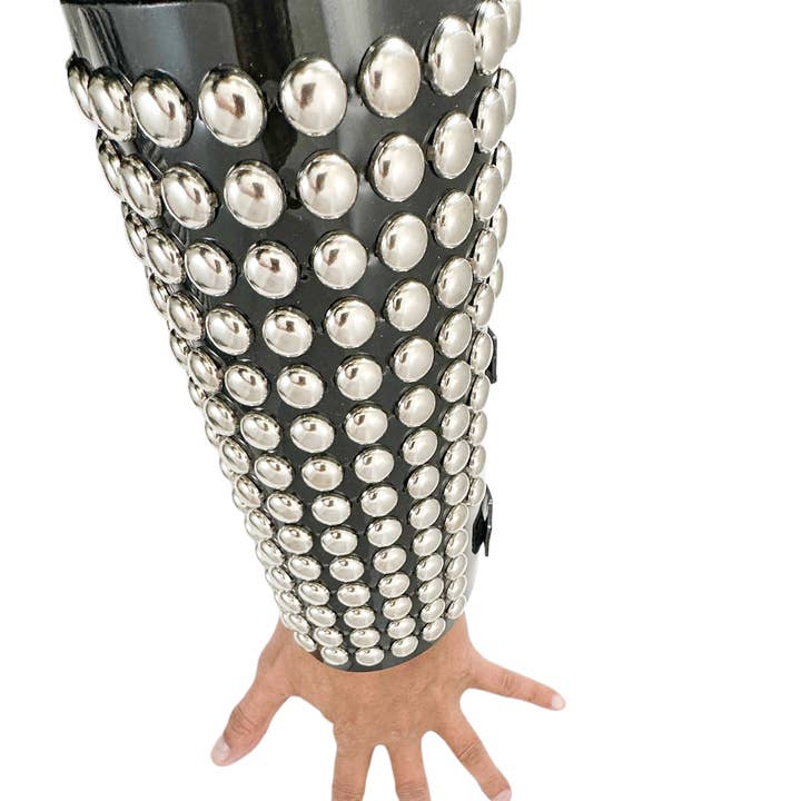 ARM163VN-BLK PVC SHINY VINYL 1/2" ROUND STUD 15 ROW 9" LONG GAUNTLET for wholesale by Funk Plus