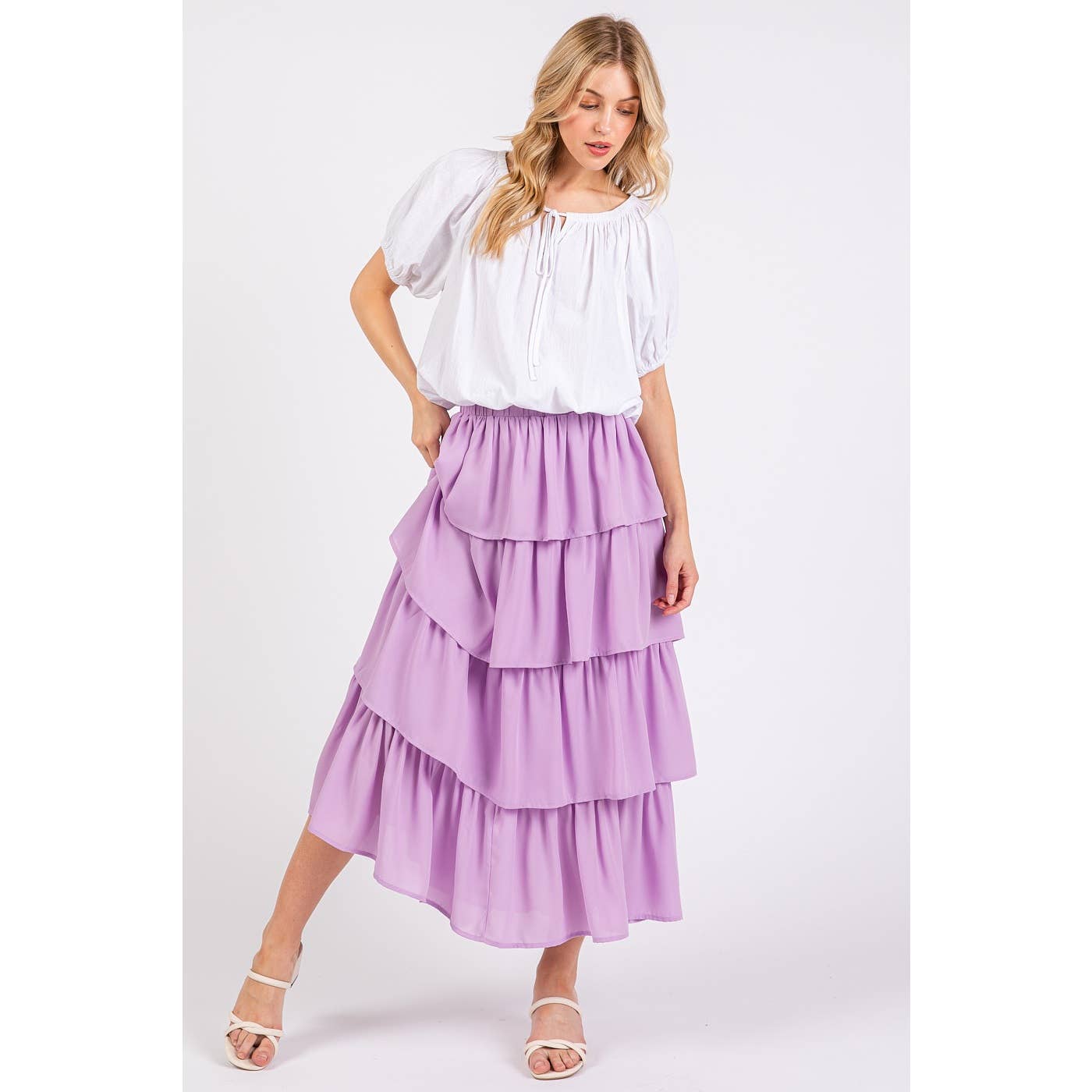 mittoshop – Engroshandel Nederdel - Dame – CHIFFON VOLANT LAGDELT ELASTISK TALJE MIDI NEDERDEL4