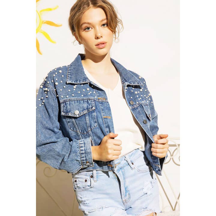 DENIM CROP-JACK MET PARELSTUDS voor wholesale door Sweet Generis