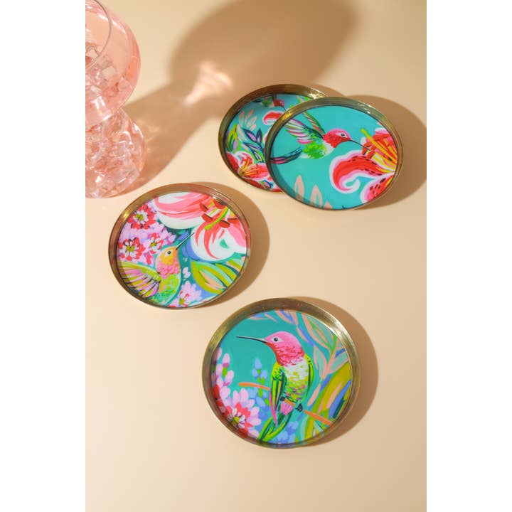 Tropical Hummingbird Metal Coaster Set (Floral Print) for wholesale by Tiramisu