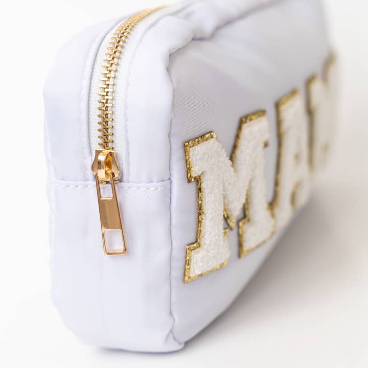 Natalia - Wholesale Pouch - Women's - Preppy White Nylon Glitter Chenille Letter Patch Bag - MAMA