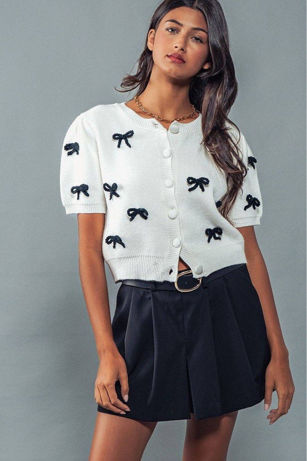 Dipped Shop – Cardigan - Mulher por atacado – Cardigan de Malha com Laços e Mangas Curtas Doces DPT25150313