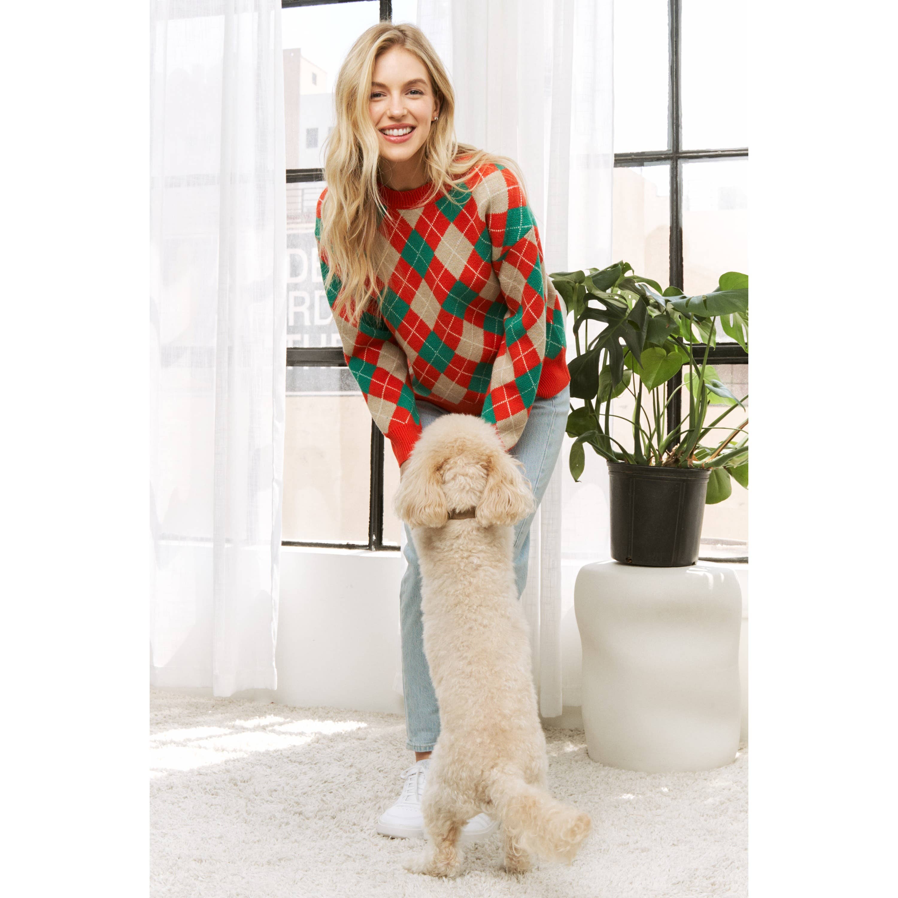 Sweet Generis - Wholesale Knit Sweater - Women's - HOLIDAY ARGYLE PATTERN DROP SHOULDER PULLOVER SWEATER2