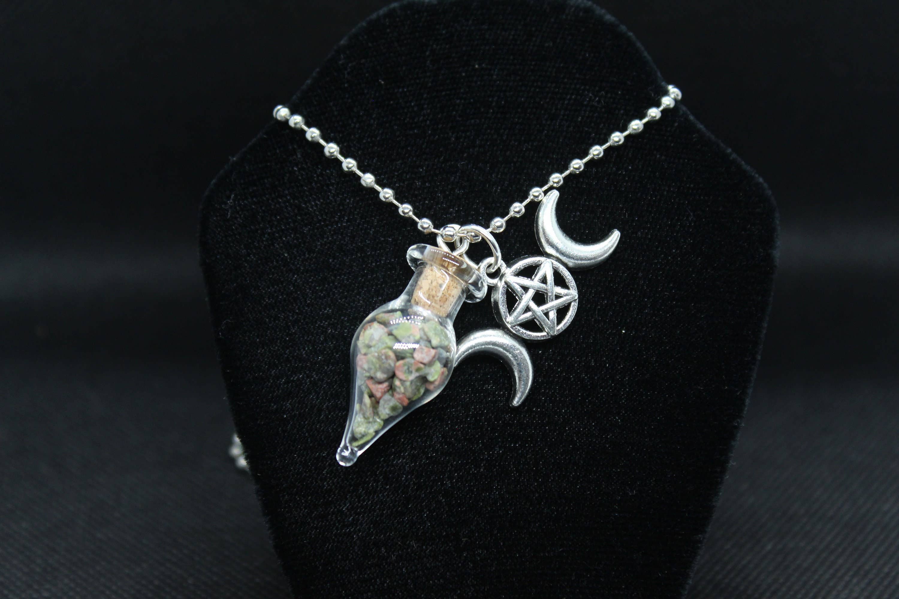 Witchcrafted in MI - Wholesale Pendant/Charm Necklace - Unakite Glass Teardrop Necklace with Triple Moon2