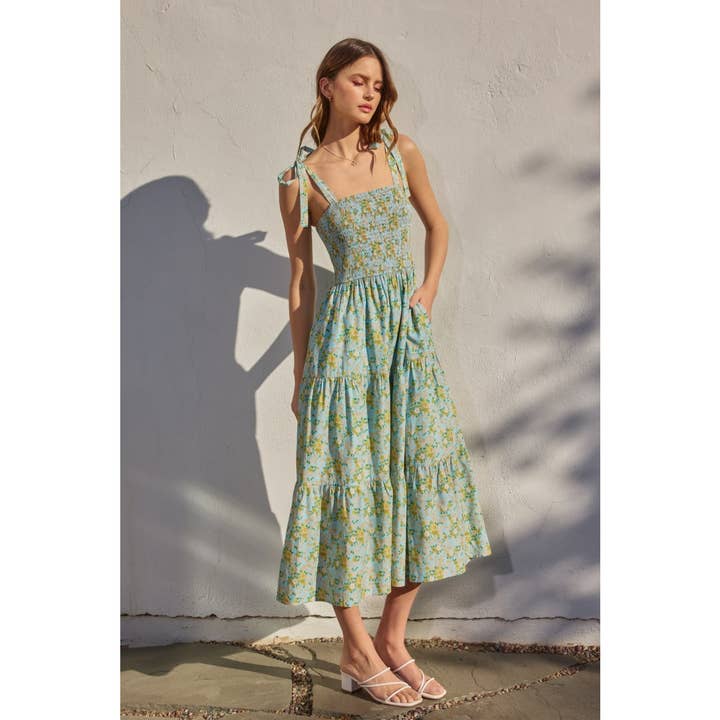 DAISY BLUE Pleasing Smocked Top Tiered Midi Dress for wholesale on Faire