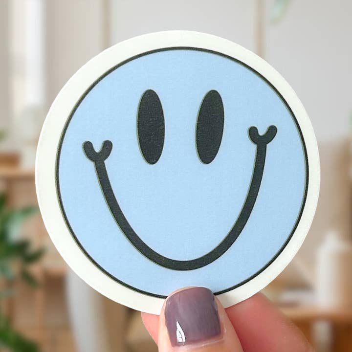 Waterproof Matte Vinyl Blue Smiley Face Sticker for wholesale by Sunshine Studio
