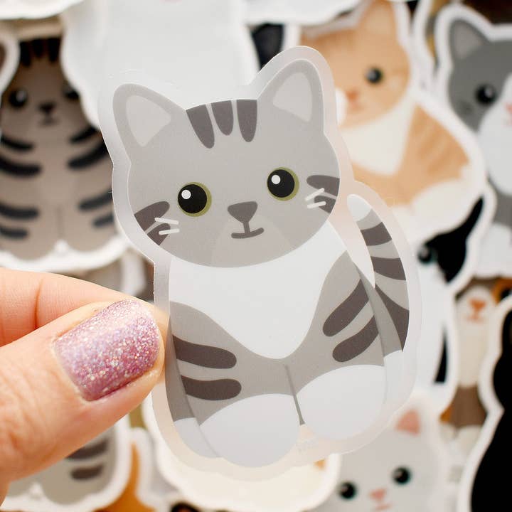 Looks Like My Cat! Gray tabby tuxedo cat sticker for wholesale by Chester and Pearl