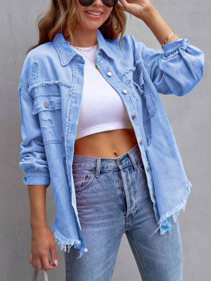 HIDDENBRAND - Wholesale Denim Jacket - Women's - Ripped Loose Denim Jacket