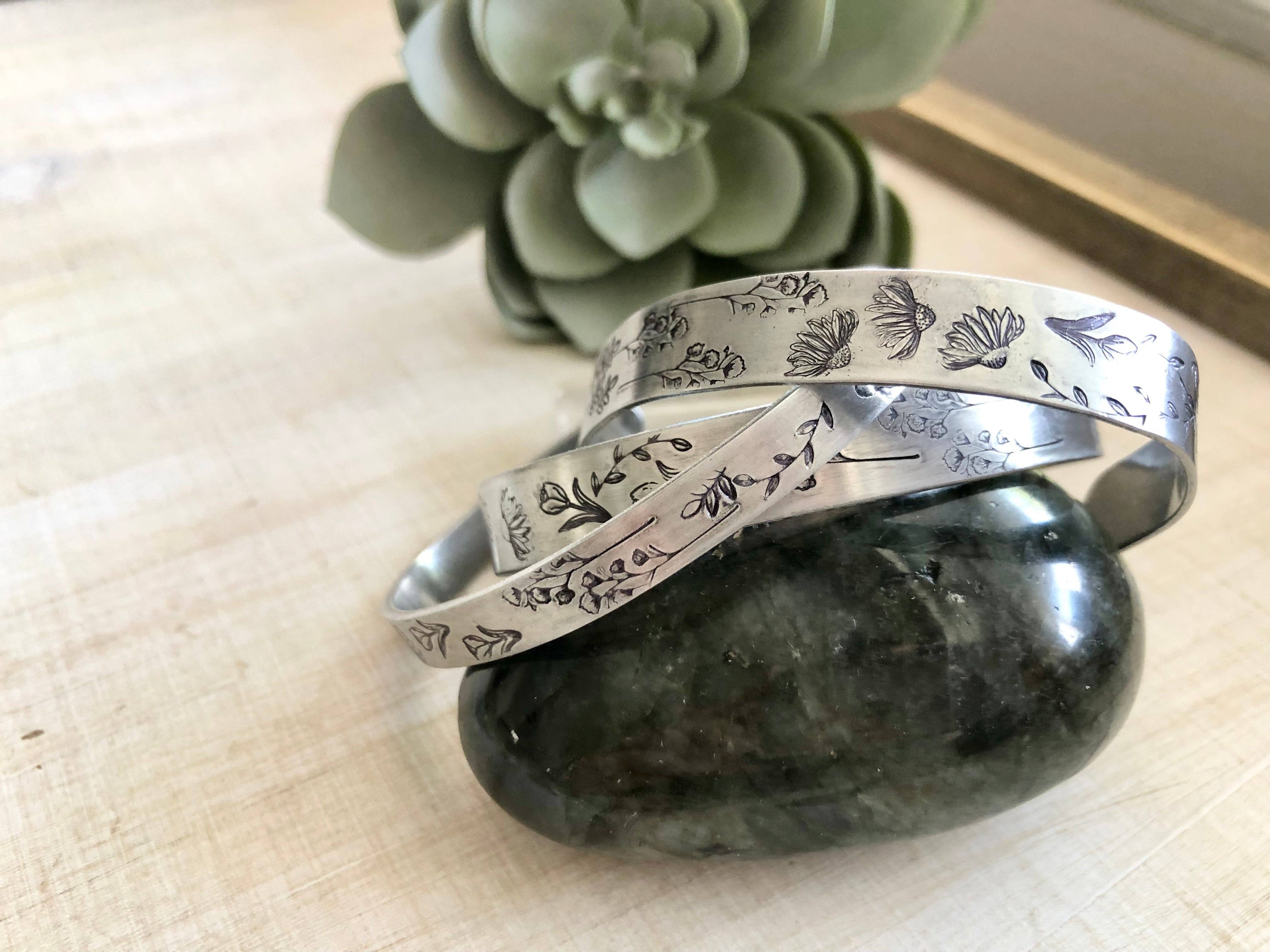 Rising Dawn Boutique – wholesale Cuff bracelet – Silver cuff with hand stamped wildflowers, skinny version2