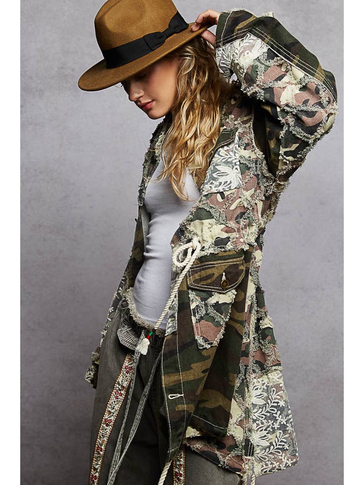 OLIVE CAMO Long sleeve contrast lace and patchwork detail parka jacket for wholesale on Faire2