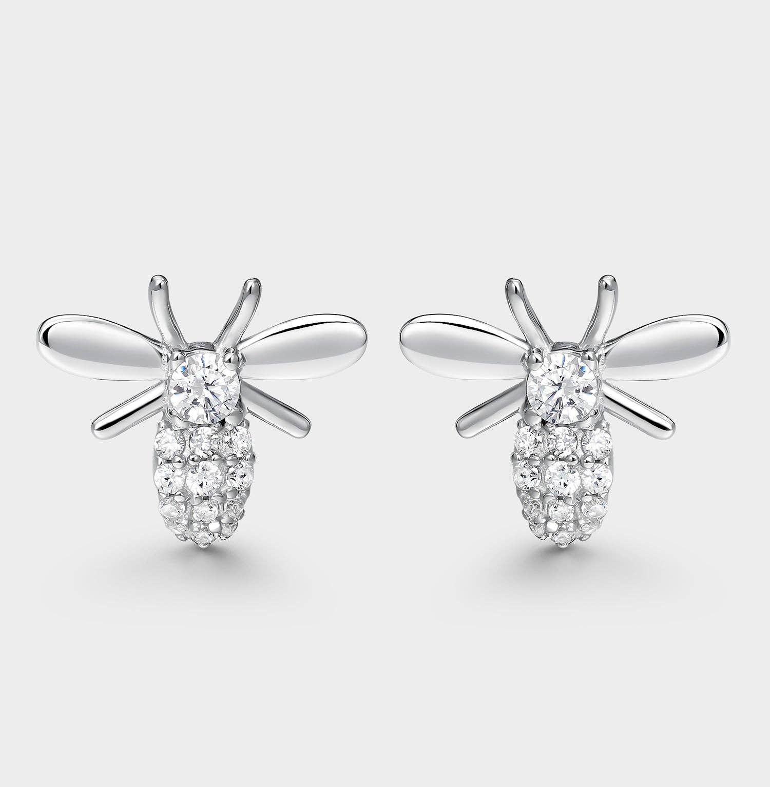 Itemporality - Wholesale Stud/Post Earrings - Silver and cubic zirconia bee earrings