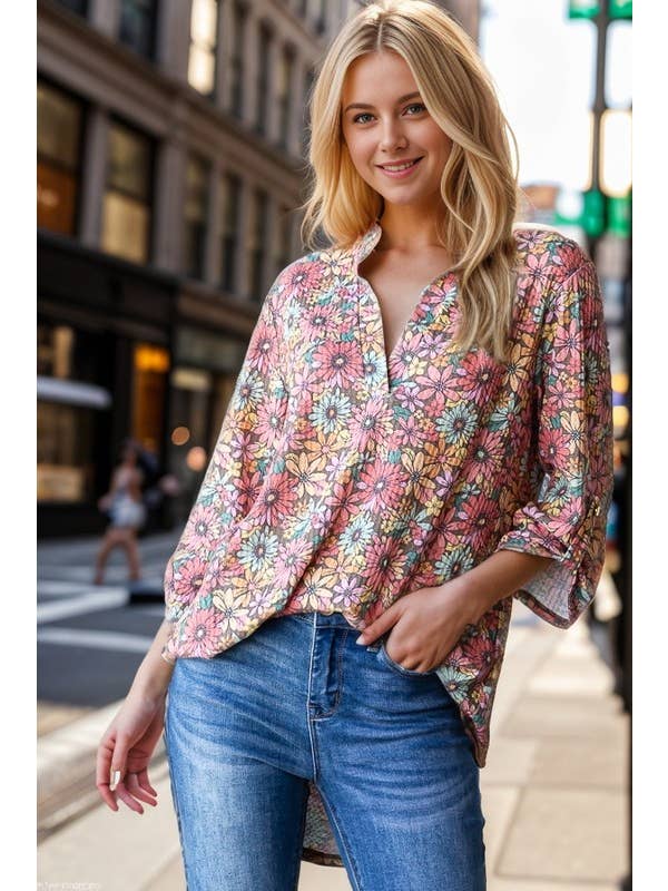 MOCHA MULTI ST1002-108 THREE QUARTER BUTTON SLEEVE MANDARIN FLORAL TOP for wholesale on Faire