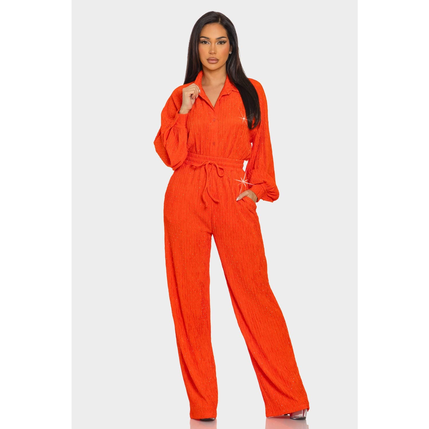 Style Up – Conjunto de top e calça (roupa NÃO Casual) - Mulher por atacado – Conjunto de Camisa e Calças com Botões de Strass Enrugados7