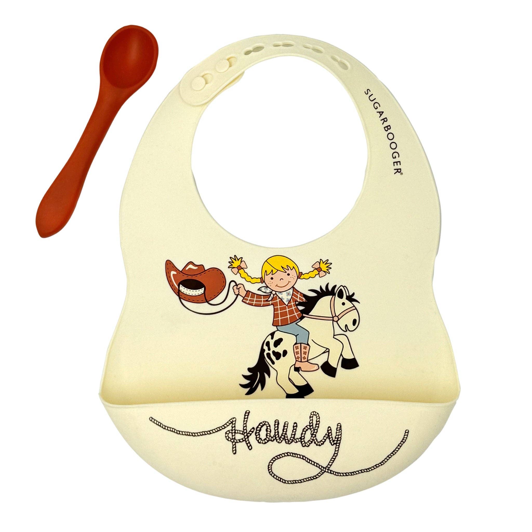 Sugarbooger by Ore’ Originals - Wholesale Bib - Baby - Fresh & Messy Silicone Bib & Spoon Set | Howdy Cowgirl1