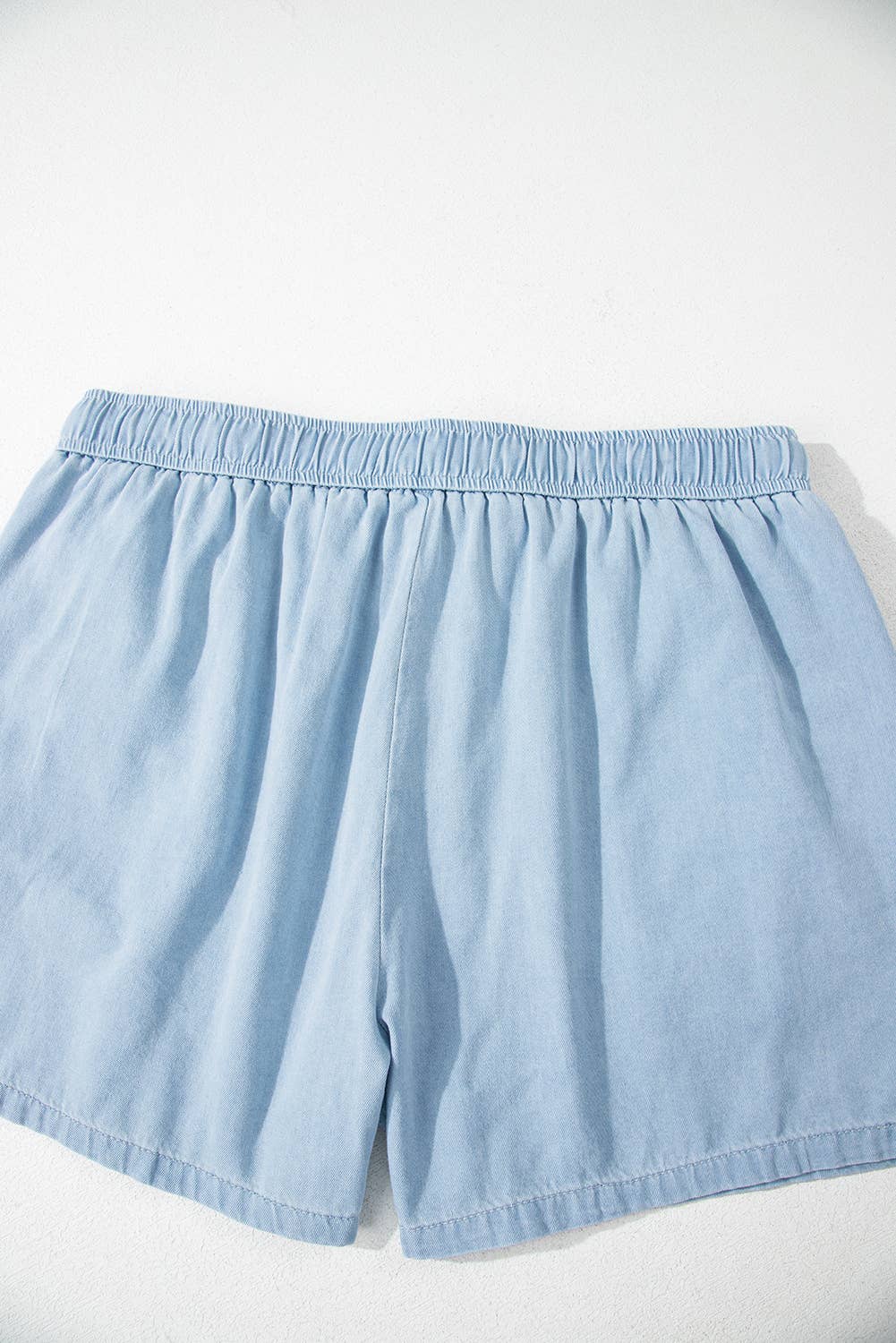 Blue Plus Size Washed Chambray Drawstring Elastic Waist Shorts for wholesale on Faire4