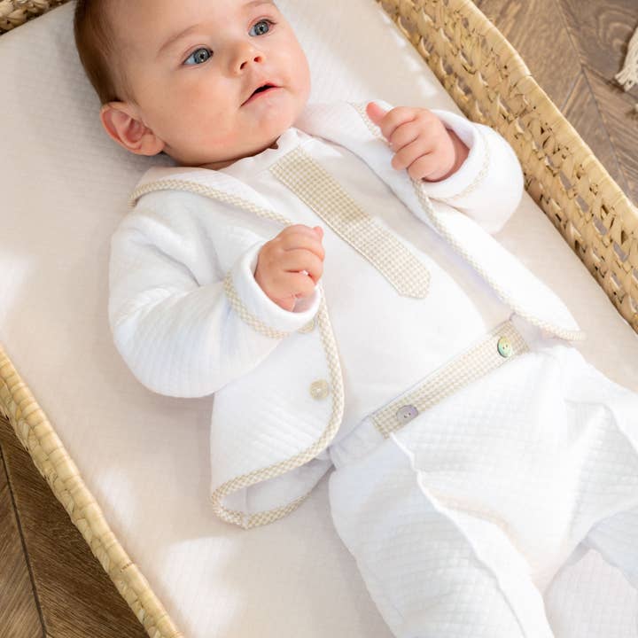 LUCAS | Ensemble pantalon vichy en coton blanc et beige pour garçons (3) pour la vente par Bebe Sweeny