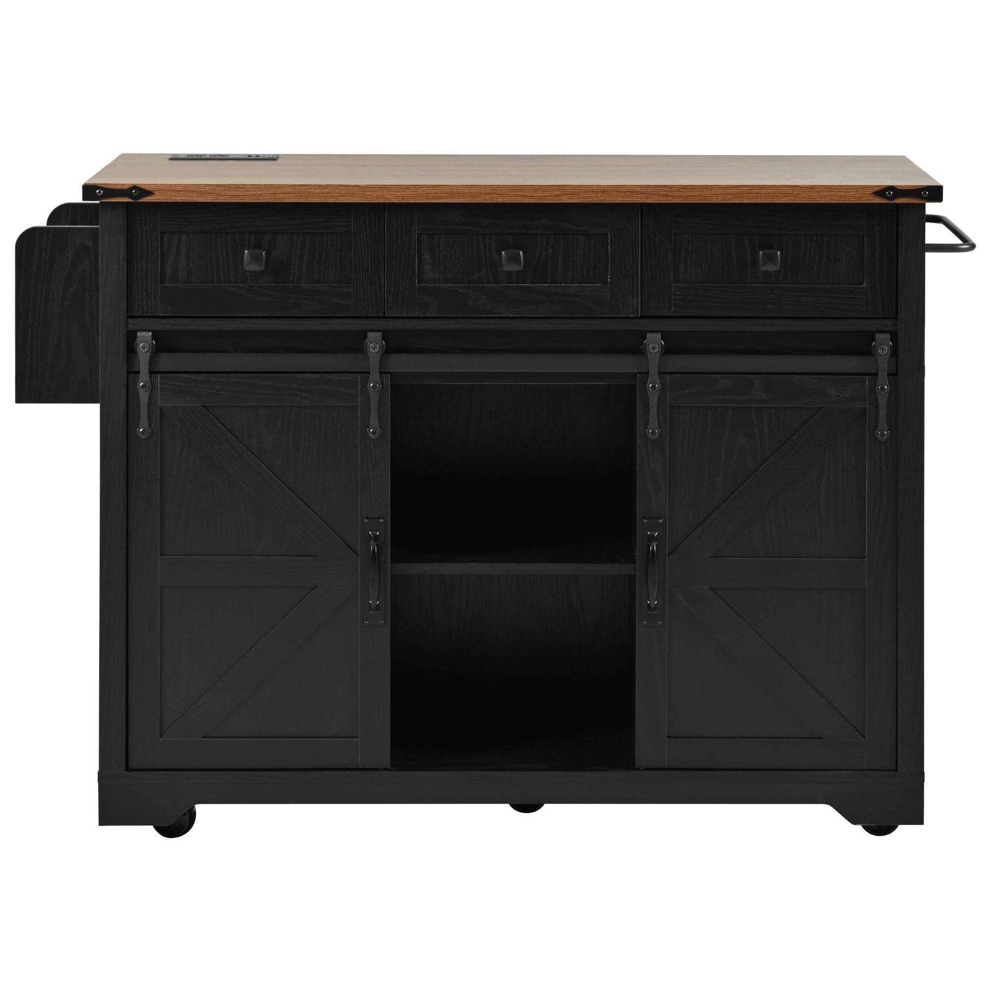 Orange County Decor - Wholesale Kitchen Storage/Organizer - K&K 53.7" Farmhouse Kitchen Island With Power Outlet, 2 Sliding Barn Door Kitchen Storage Island With Drop Leaf, Spice Rack Rolling Kitchen Cart On Wheels, For Home, Kitchen And Dining Room, Black4