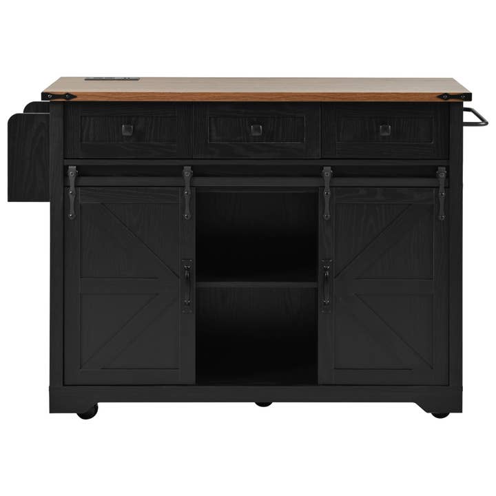 Orange County Decor - Wholesale Kitchen Storage/Organizer - K&K 53.7" Farmhouse Kitchen Island With Power Outlet, 2 Sliding Barn Door Kitchen Storage Island With Drop Leaf, Spice Rack Rolling Kitchen Cart On Wheels, For Home, Kitchen And Dining Room, Black4