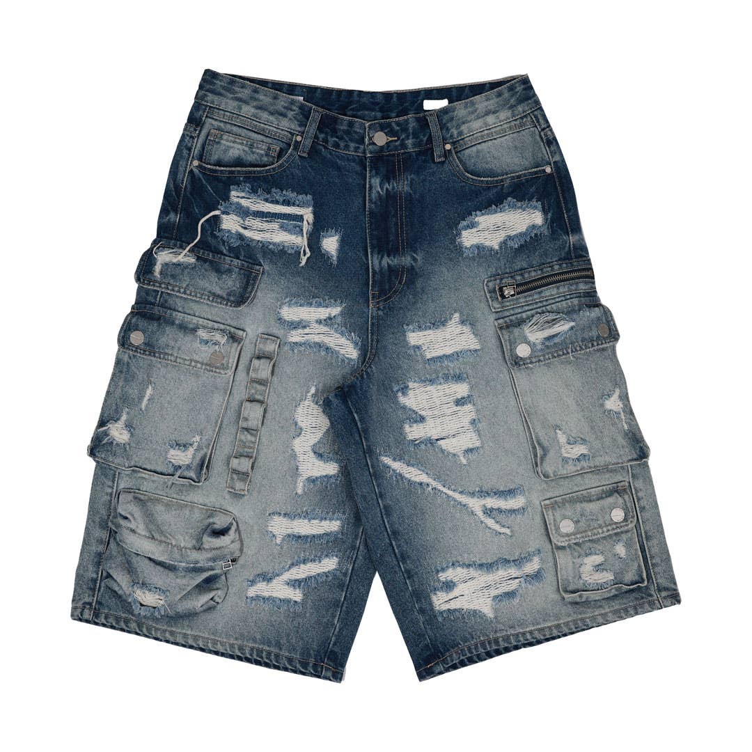 MEDIUM BLUE WASHED MULTI CARGO DENIM JORTS for wholesale on Faire6