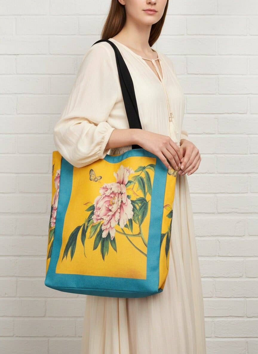 JC Sunny Fashion - Wholesale Tote Bag - Women's - Teal-Yellow Peony Luxury Thick Canvas Tote with Side Gusset