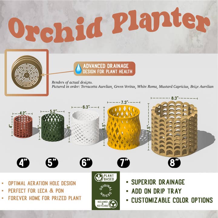 Rosebud Homegoods - Wholesale Plant Pot - Unique Orchid Pot, Plant Pot with Drainage, 3D Print, "ROMA"