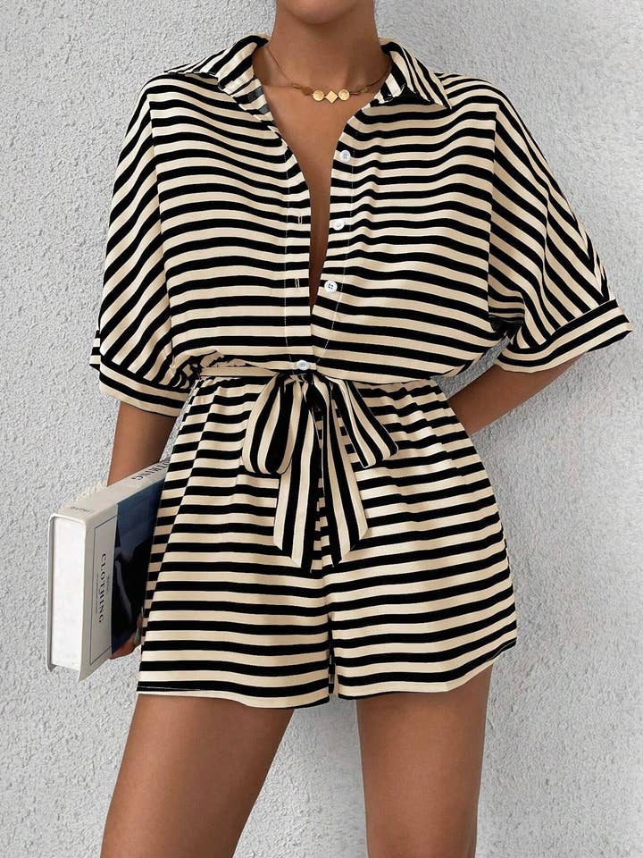 Striped Buttons Up Summer Romper with Belt and other Purchase Wholesale striped romper. Free Returns & Net 60 Terms on Faire trending on Faire.