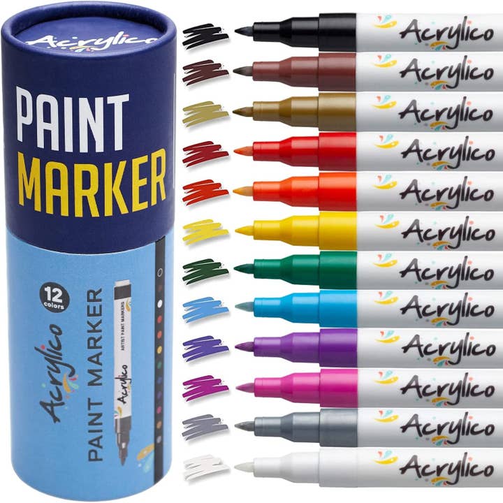 Acrylico - Wholesale Marker - ACRYLICO SET OF 12 COLORS ACRYLIC PAINT PENS- EXTRA FINE TIP