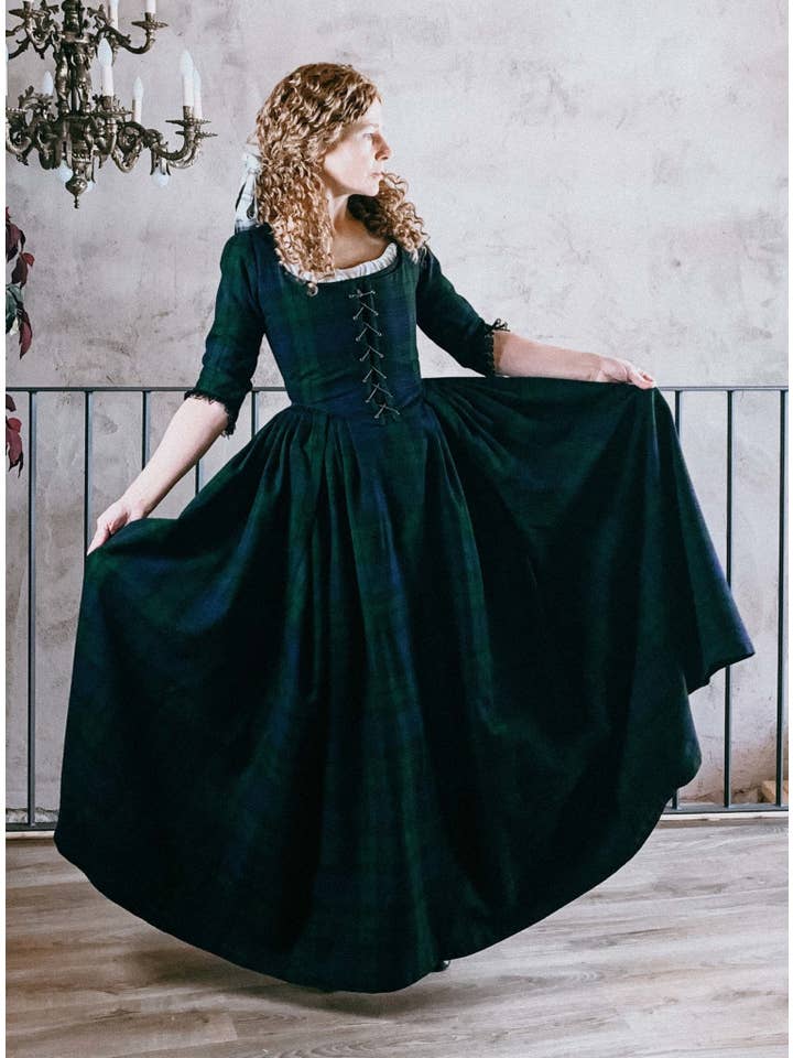 Atelier Serraspina - Wholesale Verkleedkleren - Dames - LOUISE, 18e-eeuwse jurk zwart horloge tartan