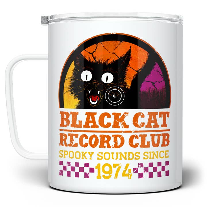 Black Cat Record Club Insulated Mug, Retro Halloween Gifts for wholesale by Loftipop